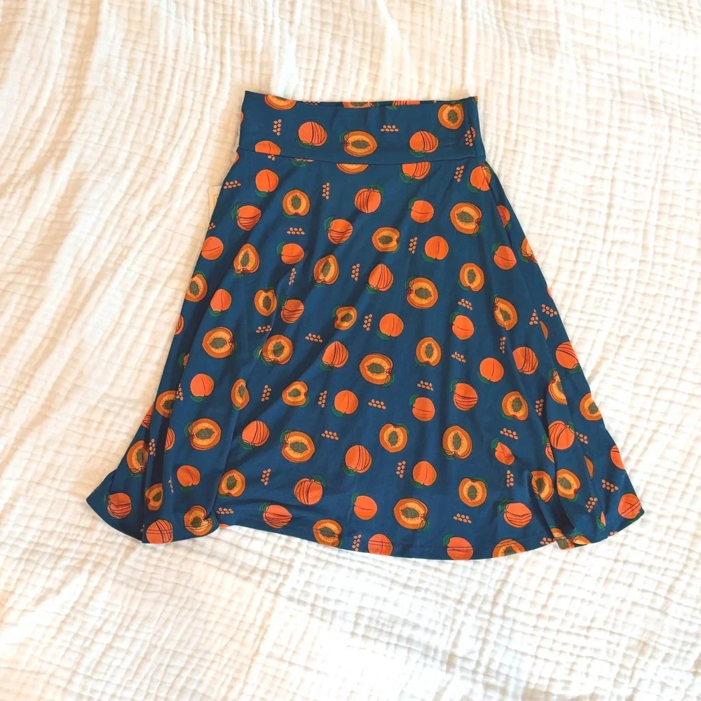 LuLaRoe‎ Kids Peach Fruit Print Teal Circle Skirt Size 8 Cottagecore Whimsical